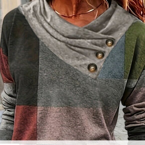 Patchwork Pattern Long Sleeve Casual Top in Sizes S-M-L-XL-XXL - Picture 1 of 3